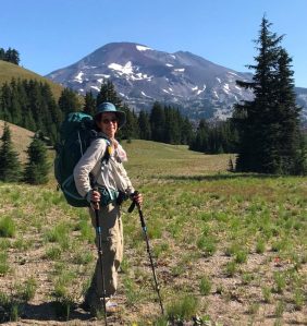 photo of carrying my pack in the Three Sisters Wilderness, OR, August 2019