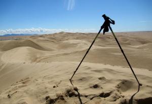 picture of my hiking poles on a nice, curved dune top